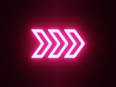 3 boyutlu ok sağa doğru, kırmızı parlak neon. Pop sanat hareketi animasyonu.