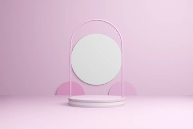 Soyut pembe ürün sahnesi. Pastel kırmızısı sunum şablonu kopyalama alanı, minimum geometrik şekiller. 3B görüntüleme