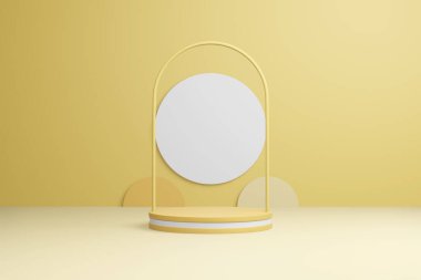 Soyut sarı ürün podyumu. Pastel açık bej bej beyaz tahta sunum alanı kopyalama alanı, minimum geometrik şekiller. 3B görüntüleme