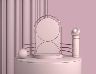 Soyut mercan ürün sergisi. Pastel kırmızısı reklam alanı, minimum geometrik şekiller. 3B görüntüleme