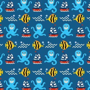 Deniz konsepti altında desenli deniz ahtapot yelkenli tekne balığı illüstrasyon vektör tasarımı