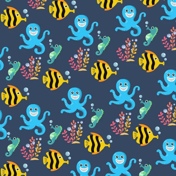 Deniz konsepti altında desenli deniz balığı ahtapot deniz atı çizim vektör tasarımı