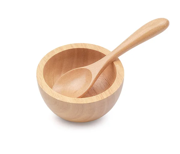 Wooden Bowl Wooden Spoon Isolated White Background Clipping Path — Stock Photo, Image