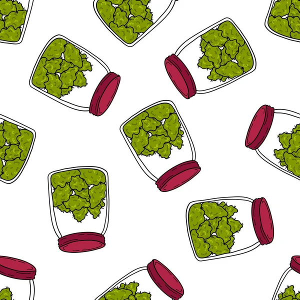 Vaso Con Germogli Marijuana Modello Doodle Senza Soluzione Continuità — Vettoriale Stock