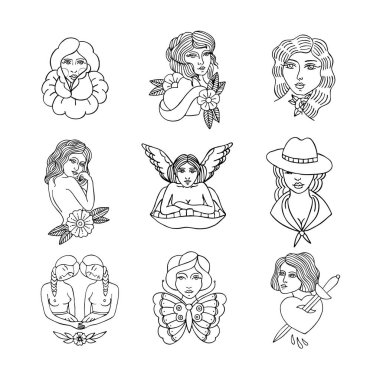 kızlar illüstrasyon geleneksel tattoo flash