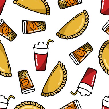 Empanada. stuffed bread or pastry baked or fried in many countries of Latin America. terremoto ,chilean traditional drink. mote con huesillo. traditional Chilean summer-time non-alcoholic drink. seamless doodle pattern clipart