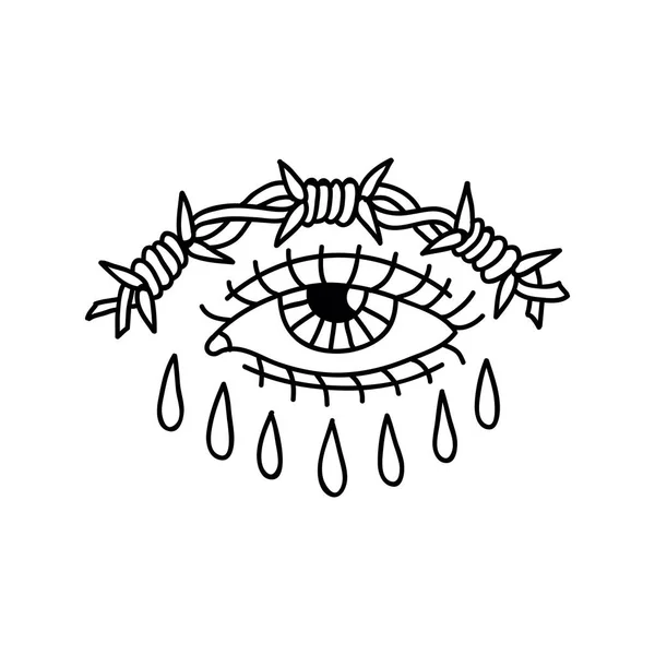 Ojo Con Alambre Púas Ilustración Tradicional Tatuaje Flash — Vector de stock