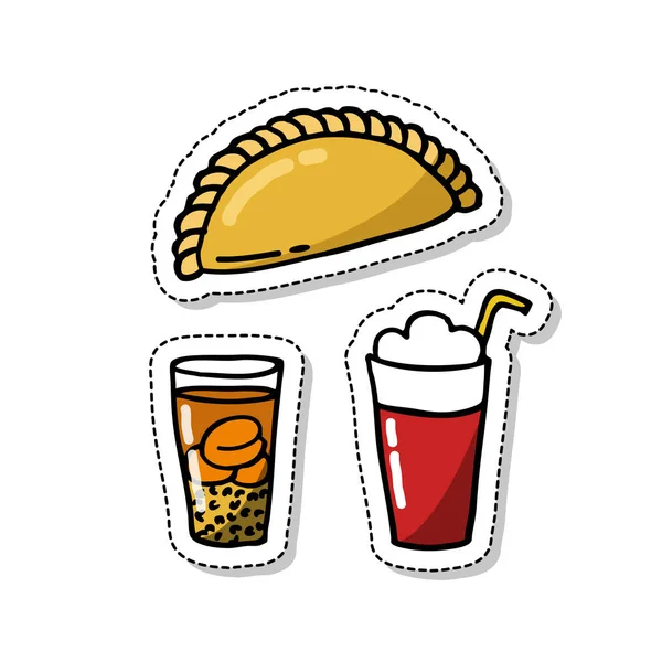 Empanada. doldurulmuş ekmek veya pasta pişmiş ya da Latin Amerika'nın birçok ülkesinde kızarmış. sizin, Şili geleneksel içki. Mote con huesillo. geleneksel Şili yaz saati alkollü içki