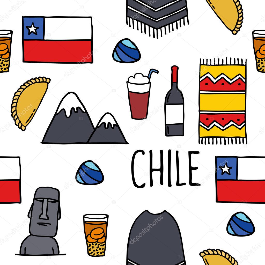 Chile icons. Chilean theme seamless doodle pattern