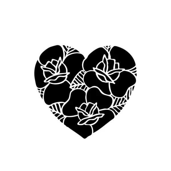 Corazón Con Rosas Tradicional Tatuaje Flash — Vector de stock