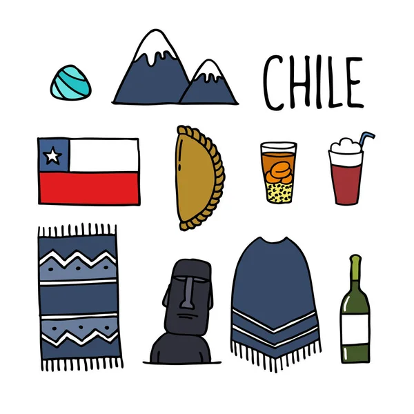 Chile Chilenska Tema Doodle Ikoner — Stock vektor