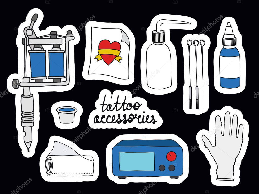 doodle icons, stickers. tattoo equipment and accessories. isolated on white background. vector illustration