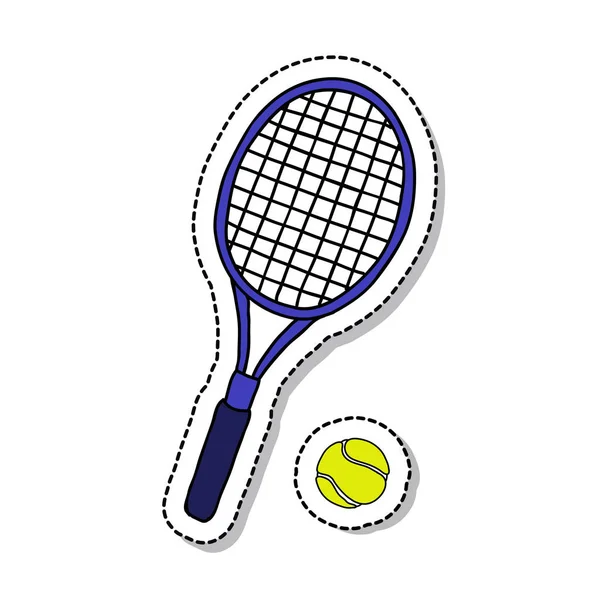 Tennisschläger und Ball-Doodle-Ikone — Stockvektor