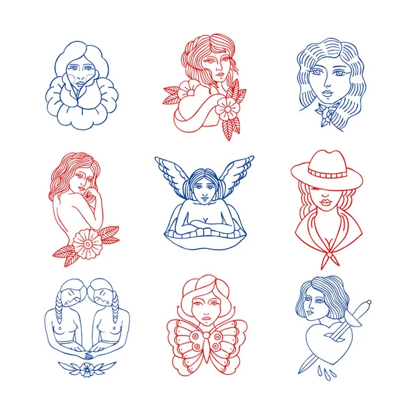 Meisjes illustratie traditionele tattoo flash — Stockvector