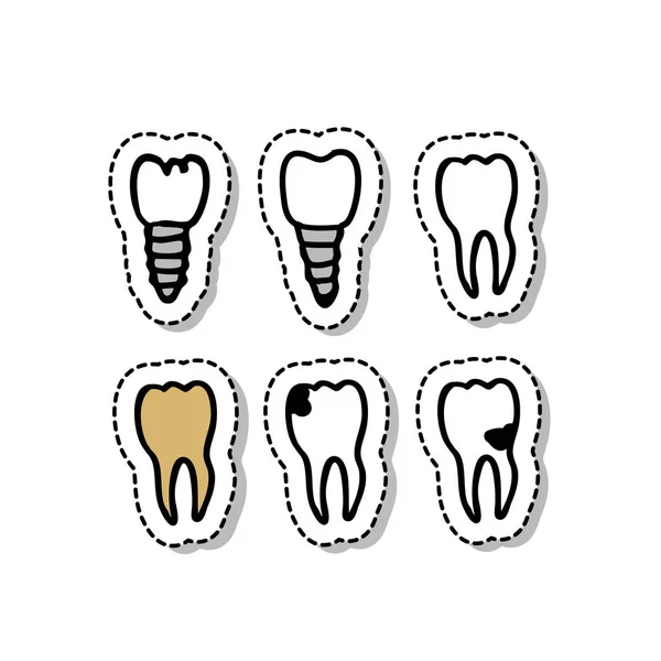 Tänder Och Tandimplantat Doodle Ikoner — Stock vektor