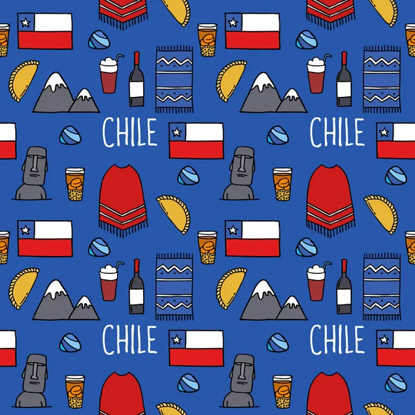 Chile Icons Chilean Theme Seamless Doodle Pattern — Stock Vector