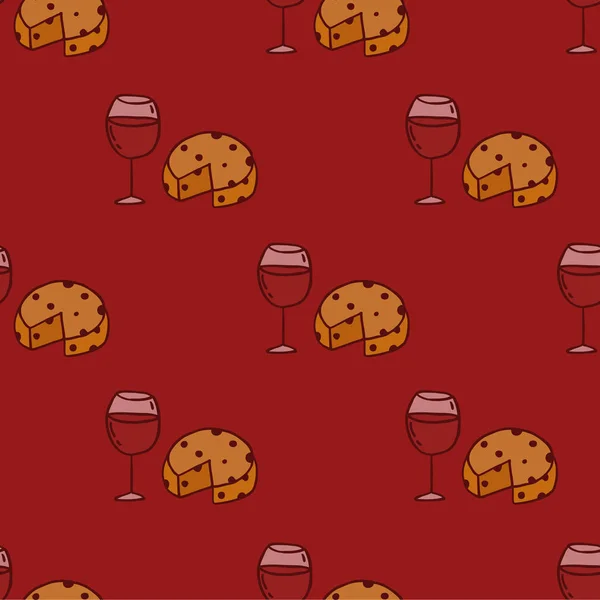 チーズとワインのシームレスな落書きパターン — ストックベクタ