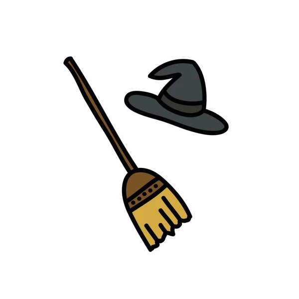 Chapeau de sorcière et balai icône doodle, illustration vectorielle — Image vectorielle