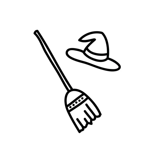 Μάγισσα καπέλο και σκούπα doodle εικονίδιο, διανυσματική απεικόνιση — Διανυσματικό Αρχείο