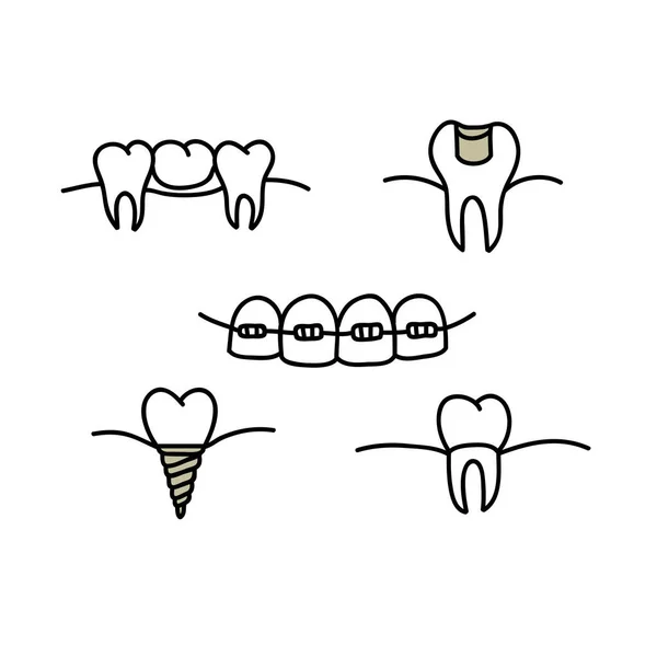 Ícones Jogo Doodle Dental Ilustração Cor Vetor —  Vetores de Stock