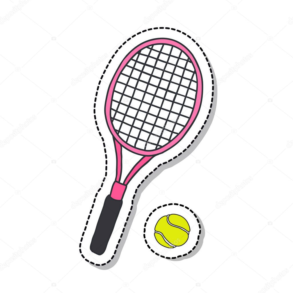 tennis racquet and ball doodle icon, vector color illustration