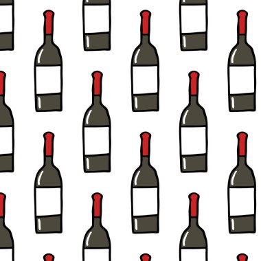 Şarap şişesi dikişsiz karalama deseni, vektör illüstrasyonu