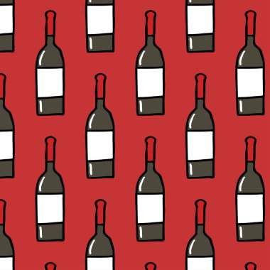Şarap şişesi dikişsiz karalama deseni, vektör illüstrasyonu