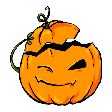 Parlak zengin bir vektör balkabağı göz kırpar ve selam olarak şapkasını çıkarır. Resim beyaza izole edildi