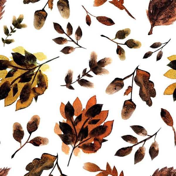 Υφή μοτίβο φθινόπωρο με φύλλωμα, κλαδιά και βελανίδια σε λευκό φόντο. Υδατογραφία υφή με κόκκους — Φωτογραφία Αρχείου