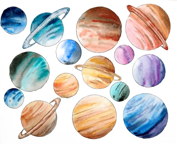 Naklejki Planetarne Malowane Akwarelą — Zdjęcie stockowe