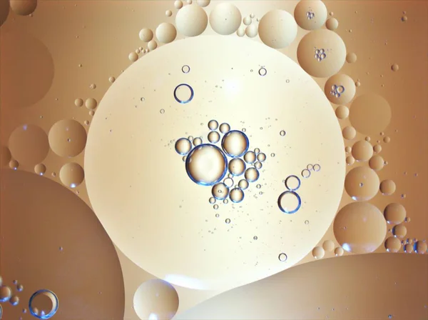 Güzel soyut baloncuklar suda yağlı bembeyaz arka plan, makro görüntü, sarı damlacıklar.