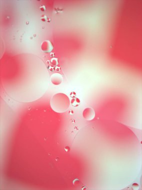 Yakın plan beyaz-kırmızı yağ baloncukları, kırmızı arka plan, makro resim tatlı pembe renk, bulanık su damlacıkları, parlak soyut duvar kağıdı, kart tasarımı için pastel renk