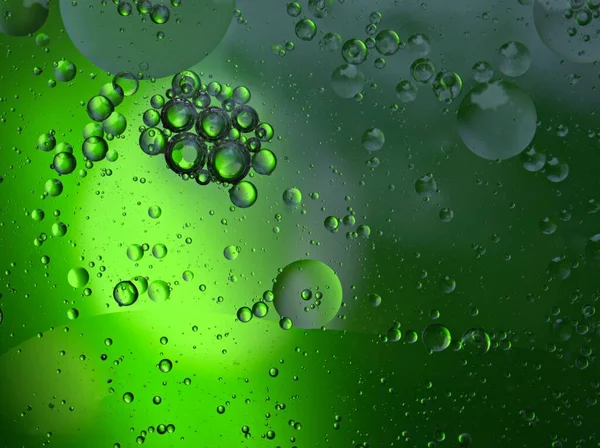 Güzel soyut baloncuklar suda yağ ile yeşil parlak bulanık arka plan, makro görüntü, tatlı renk, damlacıklar