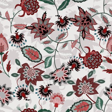 Jacobean Print Desensiz, Çiçeksiz desenli, Kırmızı Mavi Donanma Çiçeği Vektör klipsli. Şekillendirilmiş egzotik çiçekleri ve tırmanma bitkileriyle kusursuz bir desen. Moda çiçekleri.