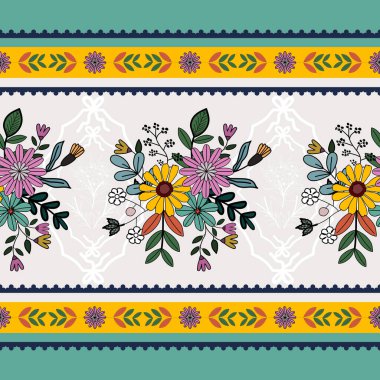 Flower chintz kızılderili desenli, kusursuz vektör sınır izi. Botanik batik desenli arka plan. Dekorasyon kumaşı, kadın kıyafeti, atkı, duvar kağıdı tasarımı için Arabesque çiçek süsü motifi.