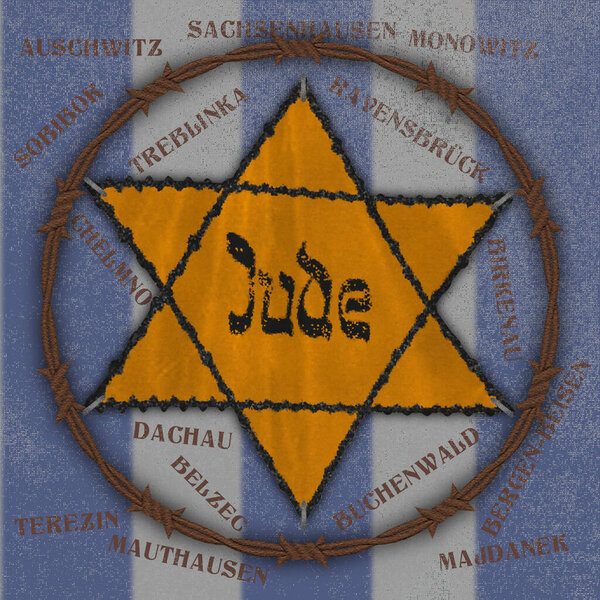 Jewish star with camps names