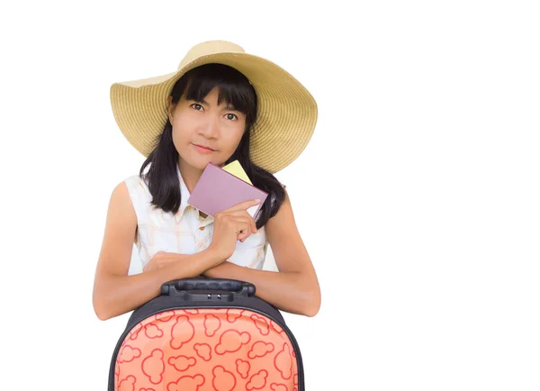 Asijská Žena Držící Pas Zavazadly Izolovanými Bílém Pozadí Letní Prázdniny — Stock fotografie