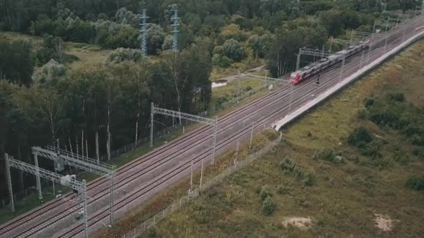Luftaufnahme eines U-Bahn-Zuges auf Gleisen, der sich tagsüber in der Moskauer Parkzone bewegt — Stockvideo
