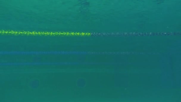 Hombre nadador saltar sobre el agua en la piscina flotante al inicio, vista submarina — Vídeos de Stock