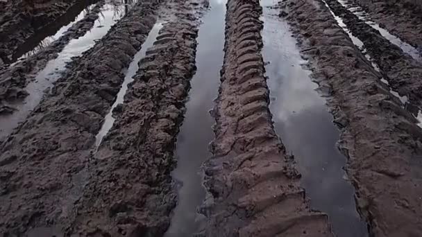 Strada sporca con traccia di ruote da auto pneumatico e camion — Video Stock