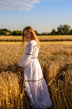 Güneşli bir günde buğday tarlasında genç bir bayan