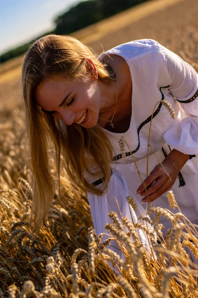 Beyaz elbiseli genç bayan buğday topluyor. 