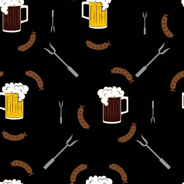 Oktoberfest Tazas Cerveza Bratwurst Patrón Sin Costuras Sobre Fondo Negro — Vector de stock