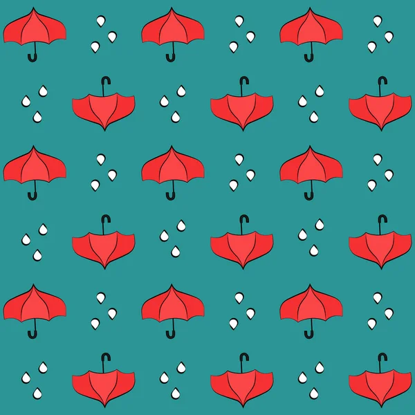 Parapluies Rouges Motif Sans Couture Avec Gouttes Pluie Sur Fond — Image vectorielle