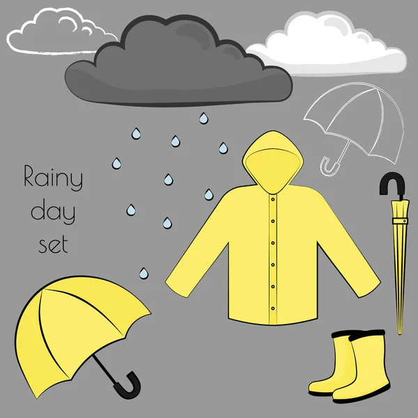 Ensemble Illustration Plat Vectoriel Jour Pluie Avec Imperméable Bottes Pluie — Image vectorielle