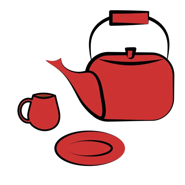 Red Set Teathings Including Teapot Cup Plate Vector Illustration White — Stock Vector