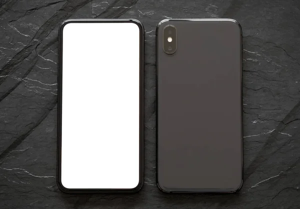 Mobile Phone Black Stone Surface Front Back — Stock Photo, Image