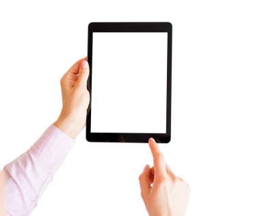 Dijital tablet kullanan kadın. Mockup kendi app tasarım için.