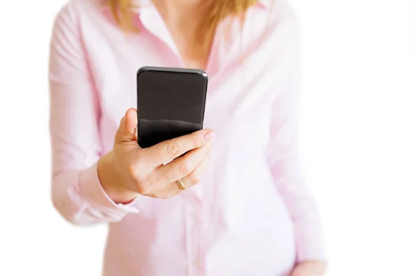 Vrouw Met Behulp Van Mobiele Telefoon Geïsoleerd Witte Achtergrond — Stockfoto