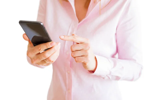 Woman Using Mobile Phone Isolated White Background — Stock Photo, Image